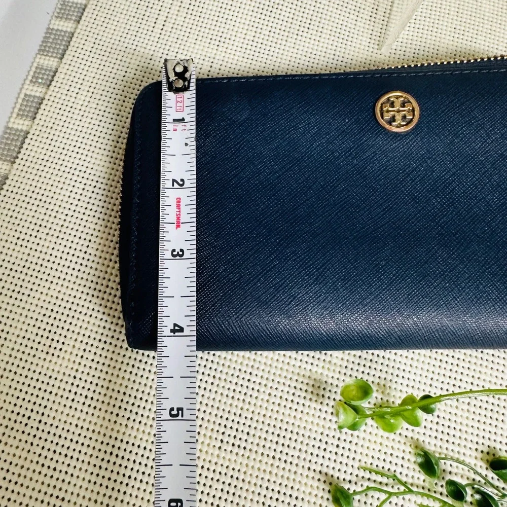 Tory Burch Robinson Saffiano Leather Zip Around Wallet in Blue Multipockets